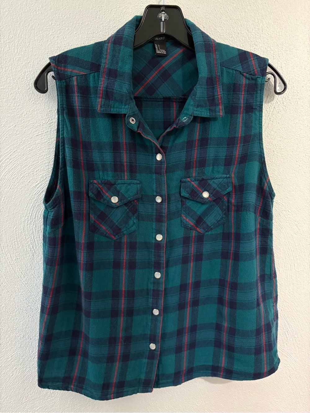 Forever 21 Blue & Green Plaid Flannel Vest